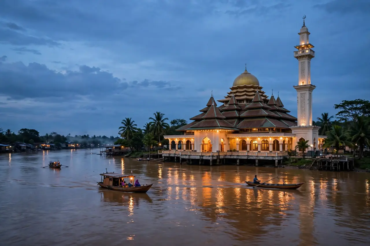 Masjid besar di tepi sungai saat senja