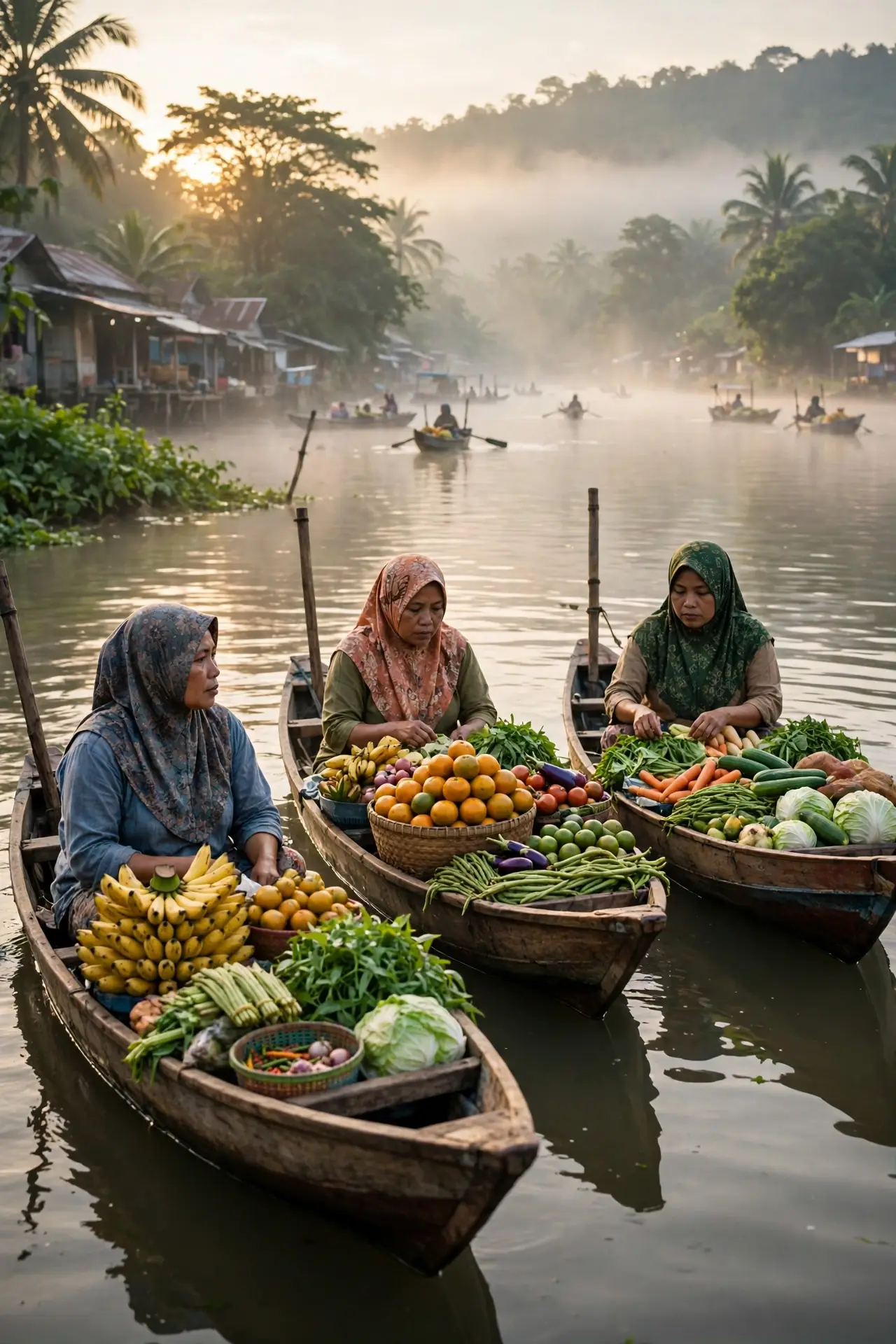 Pasar apung di sungai Martapura saat fajar